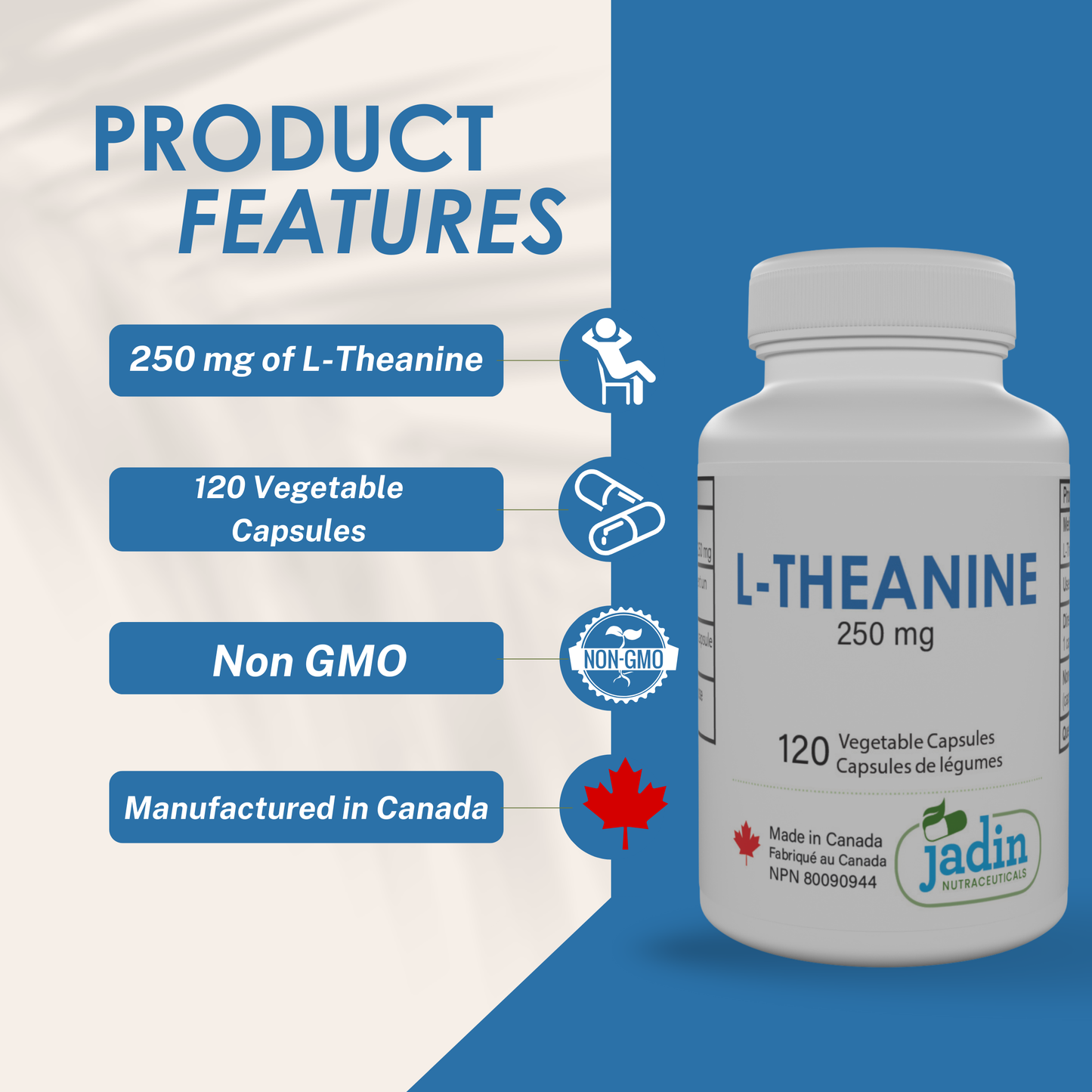 L-THEANINE 250 mg – Pure – No Fillers – 120 Vegetable Capsules