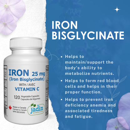 Iron Bisglycinate 25 mg with Vitamin C – 120 Vegetable Capsules