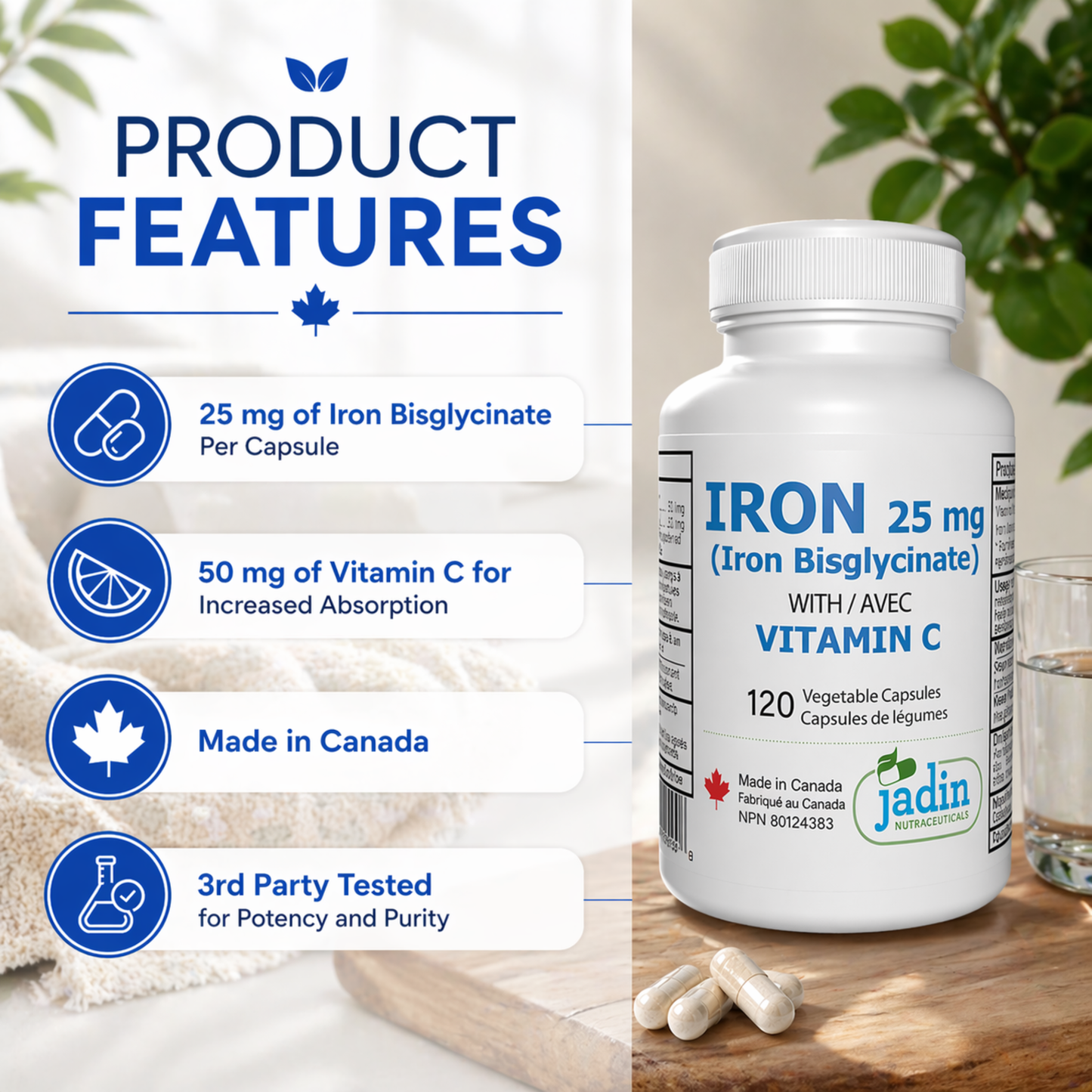Iron Bisglycinate 25 mg with Vitamin C – 120 Vegetable Capsules