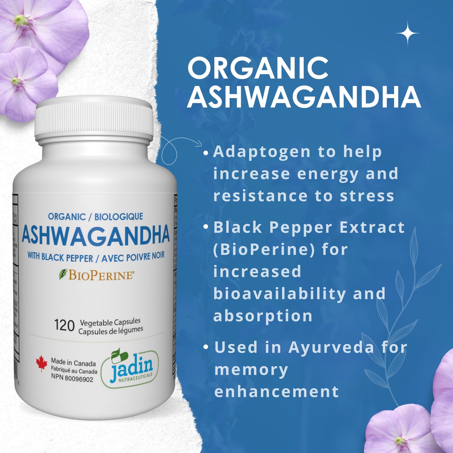 Organic ASHWAGANDHA + BLACK PEPPER (BioPerine) – 120 Vegetable Capsules