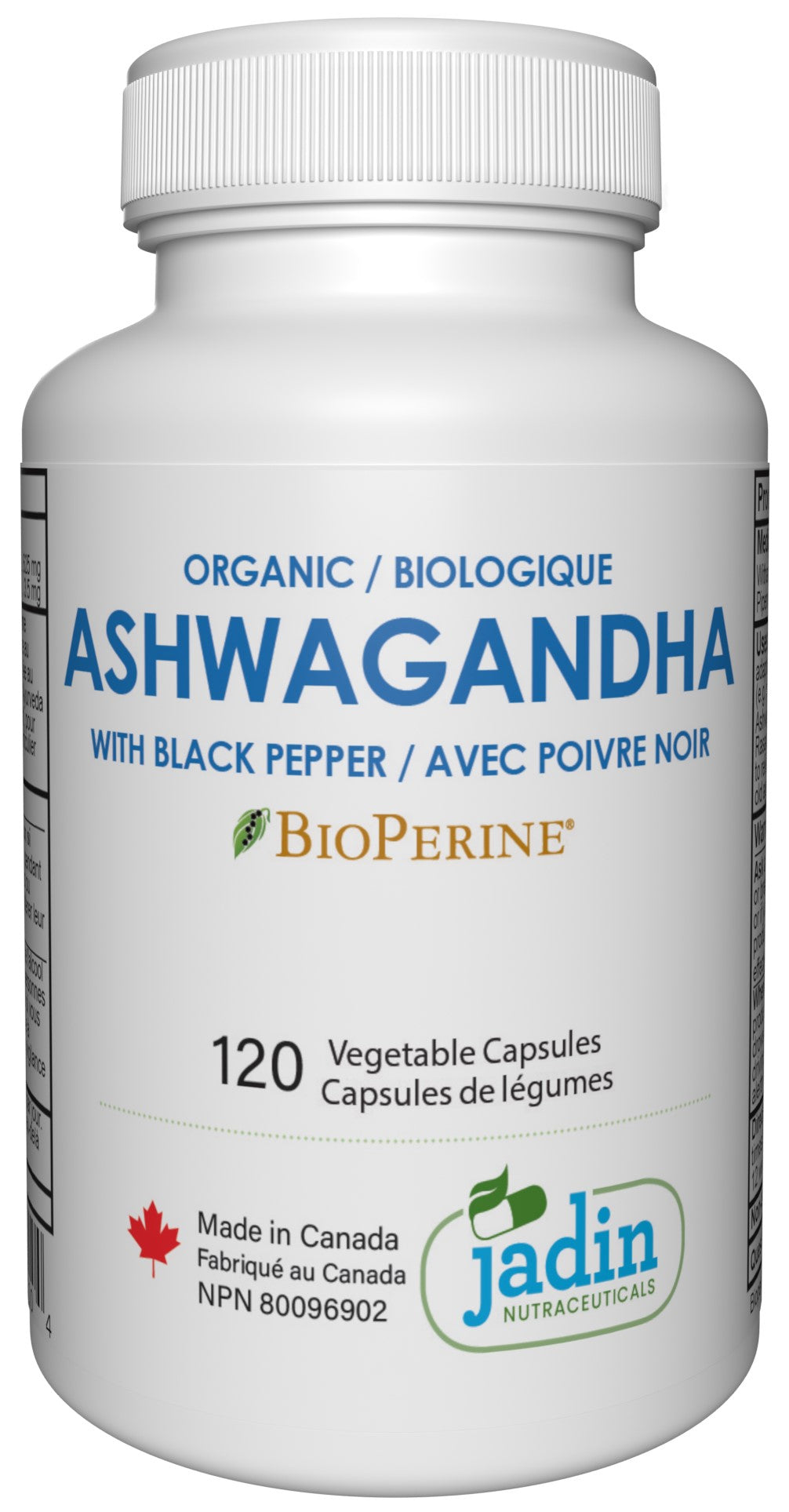 Organic ASHWAGANDHA + BLACK PEPPER (BioPerine) – 120 Vegetable Capsules