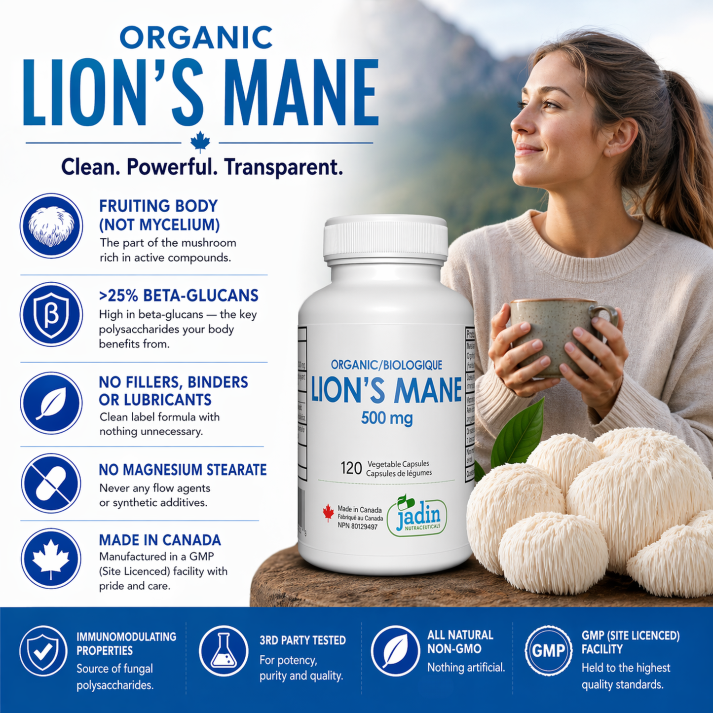 Organic Lion's Mane Mushroom 500 mg - 120 Vegetable Capsules