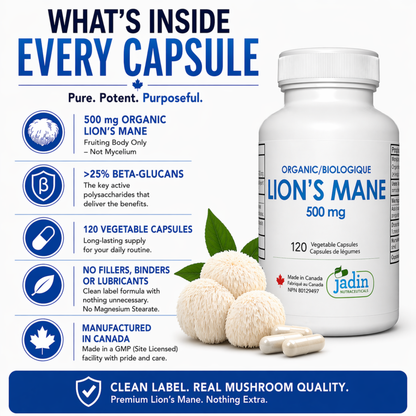 Organic Lion's Mane Mushroom 500 mg - 120 Vegetable Capsules