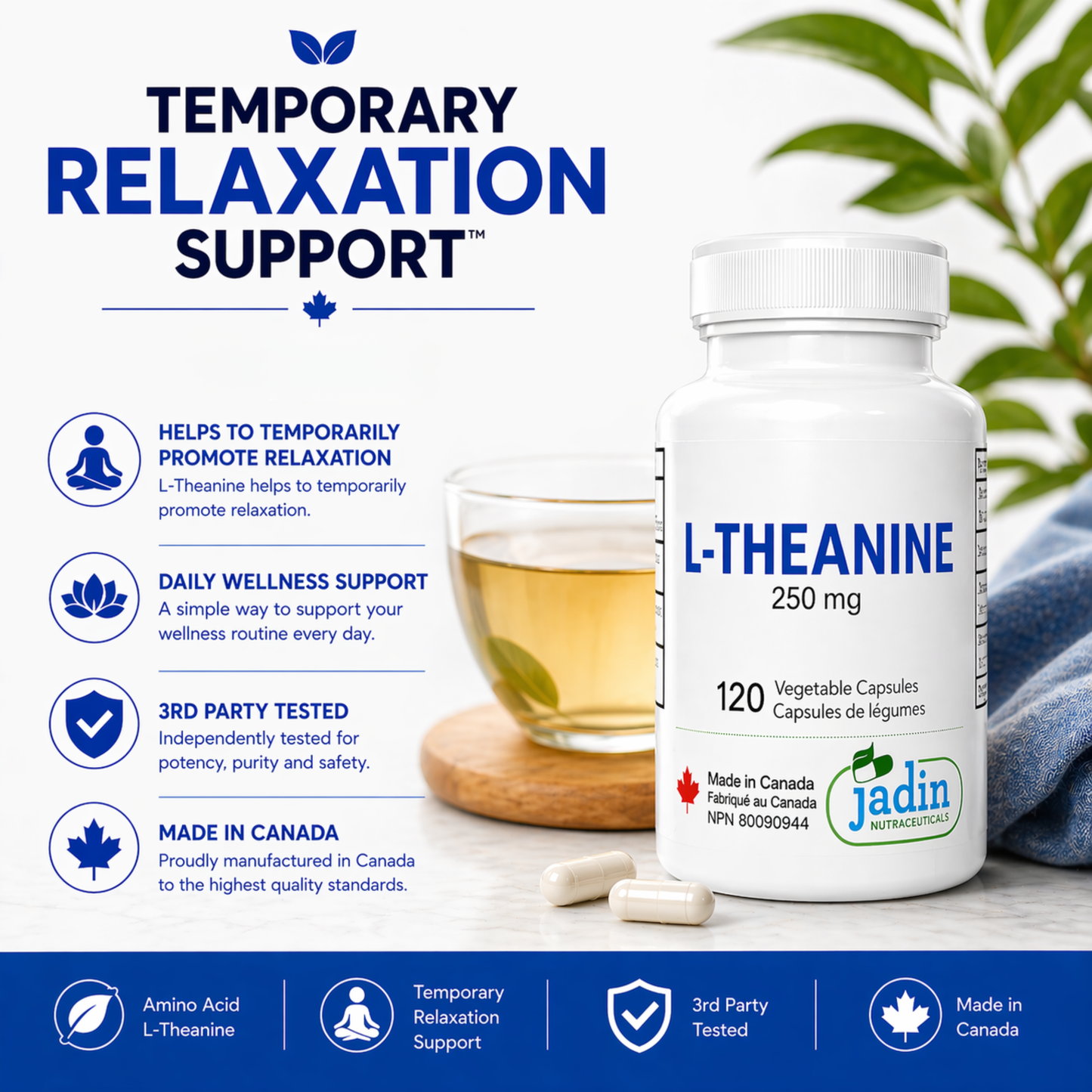 L-THEANINE 250 mg – Pure – No Fillers – 120 Vegetable Capsules