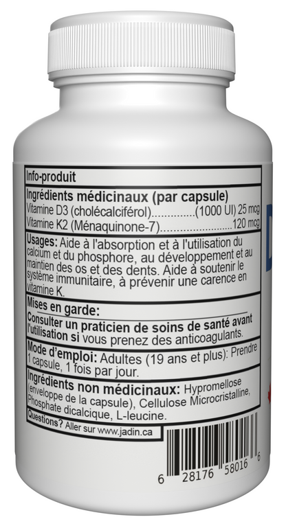 Vitamin D3 + K2 (MK-7) - 1000 IU D3 & 120 mcg K2 - 120 Capsules