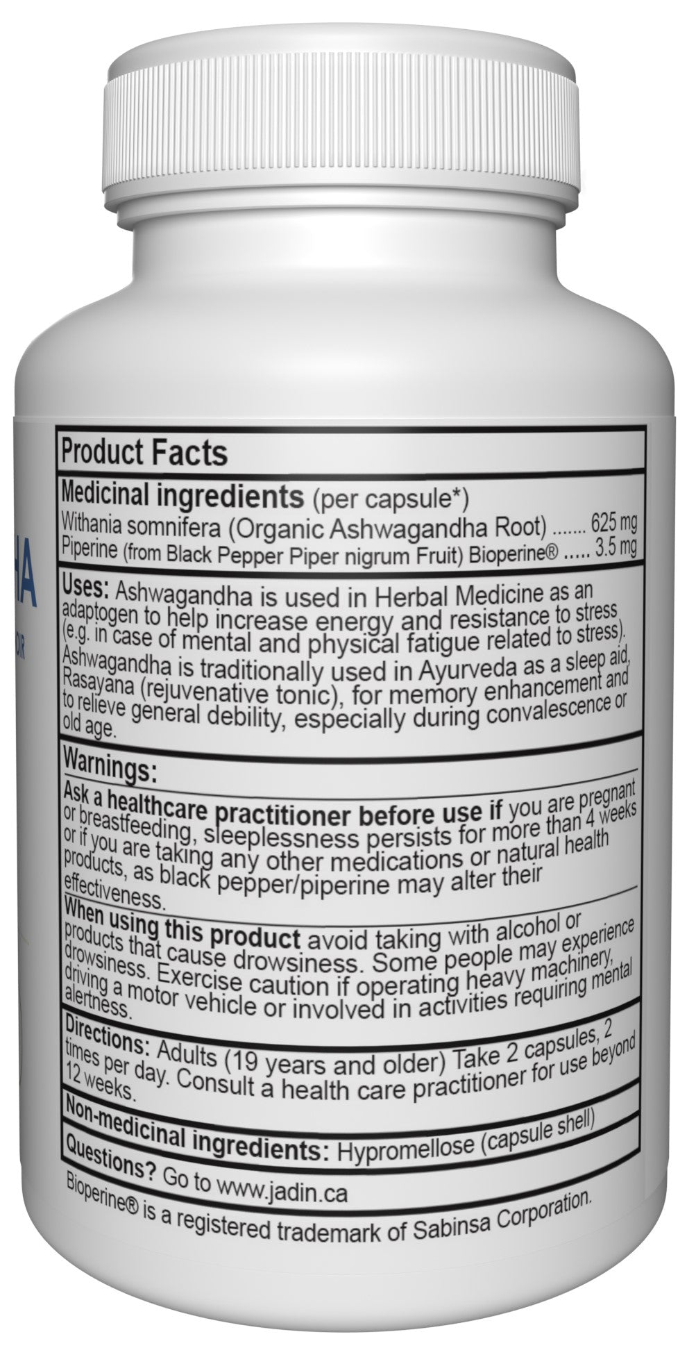 Jadin Ashwagandha organic supplement facts back label NPN 80096902 made in Canada