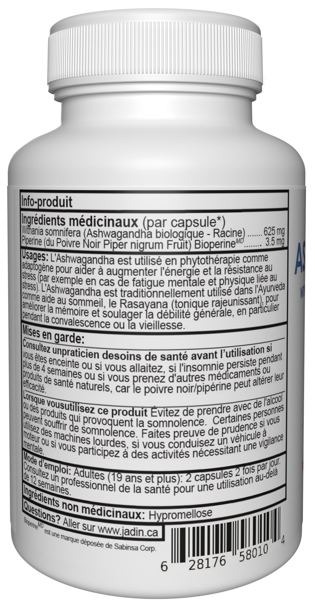 Jadin Ashwagandha organic supplement facts back label NPN 80096902 made in Canada