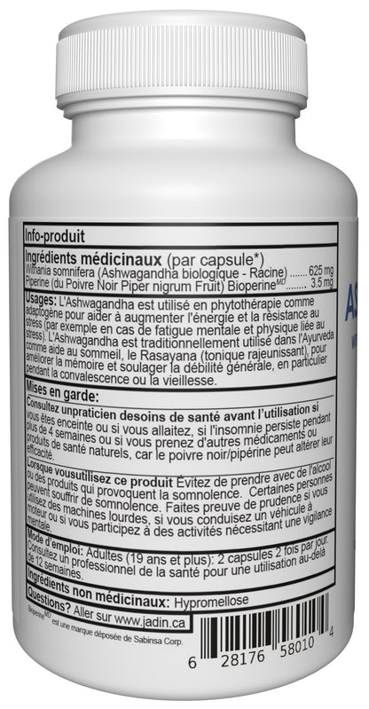 Jadin Ashwagandha organic supplement facts back label NPN 80096902 made in Canada