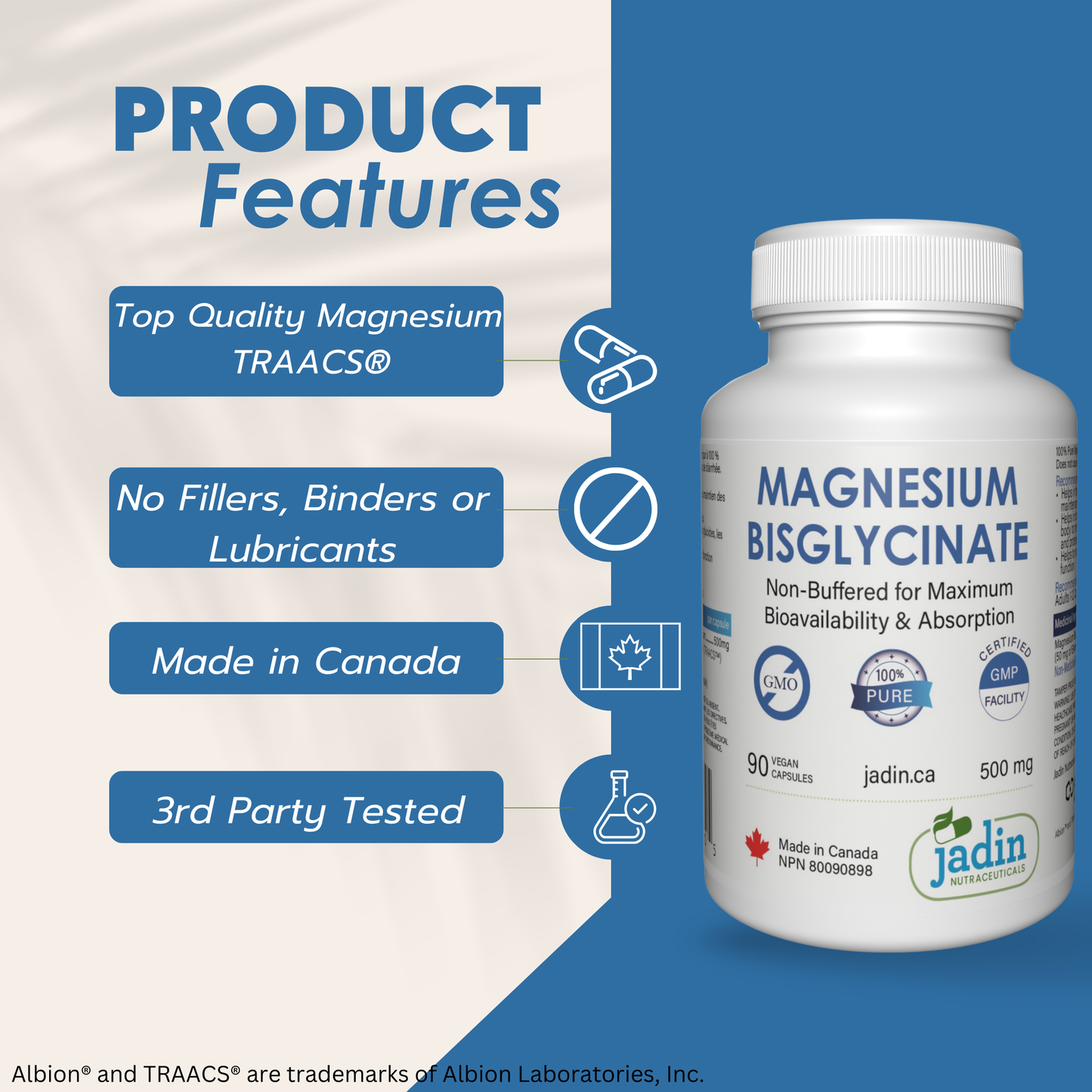 Magnesium Bisglycinate 500 mg – 100% Pure – No Fillers –   Non-Buffered – 90 Vegetable Capsules