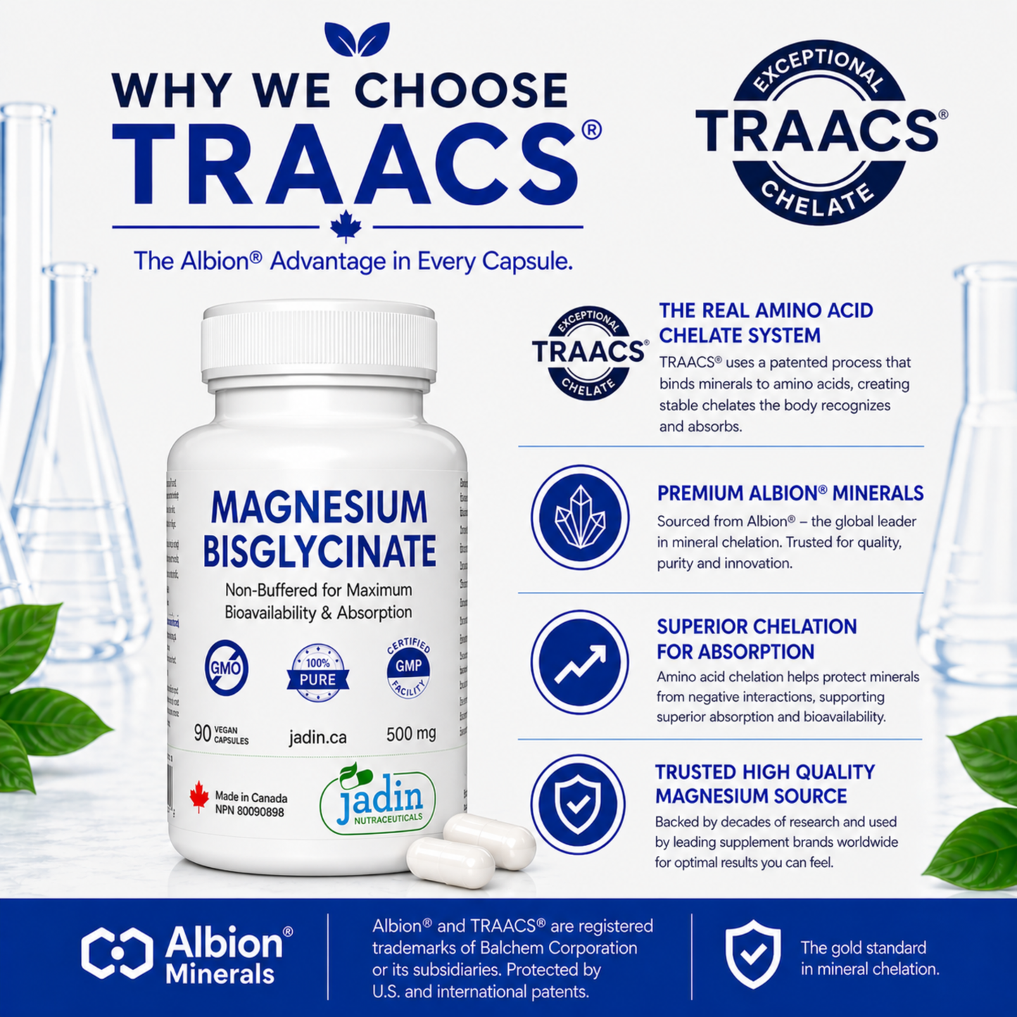 Magnesium Bisglycinate 500 mg (Albion TRAACS®) – 100% Pure – No Fillers –   Non-Buffered – 90 Vegetable Capsules