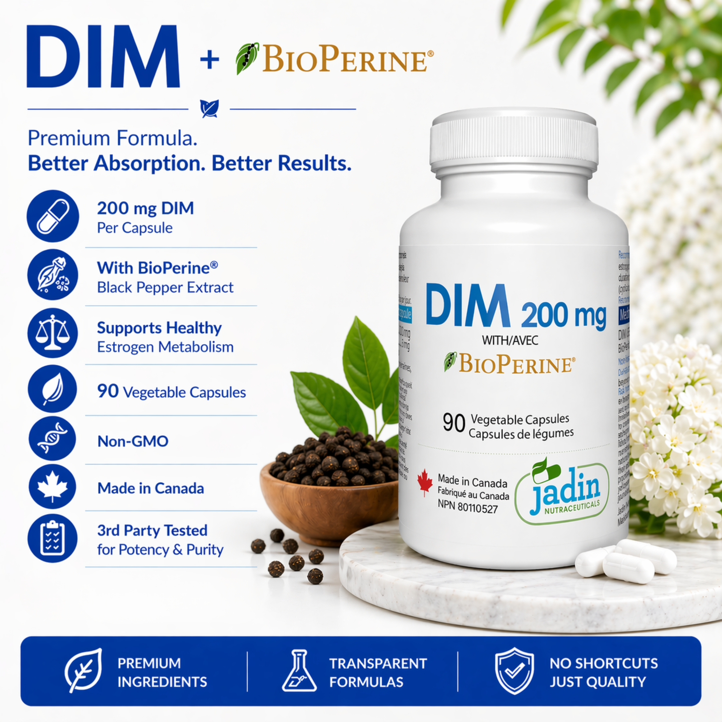 DIM 200 mg + BLACK PEPPER (BioPerine) 90 Vegetable Capsules - Estrogen Support