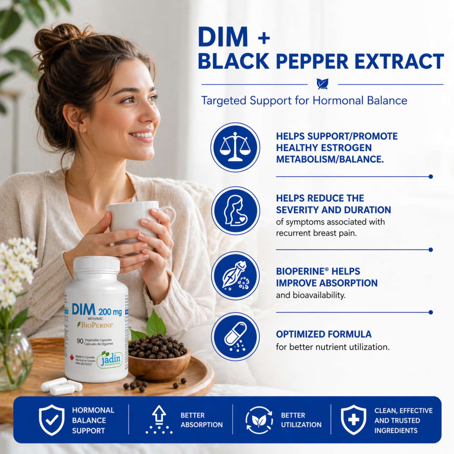 DIM 200 mg + BLACK PEPPER (BioPerine) 90 Vegetable Capsules - Estrogen Support