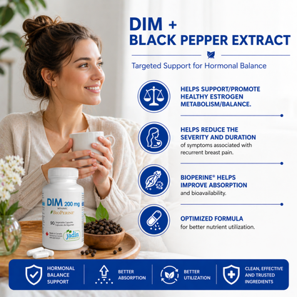 DIM 200 mg + BLACK PEPPER (BioPerine) 90 Vegetable Capsules - Estrogen Support