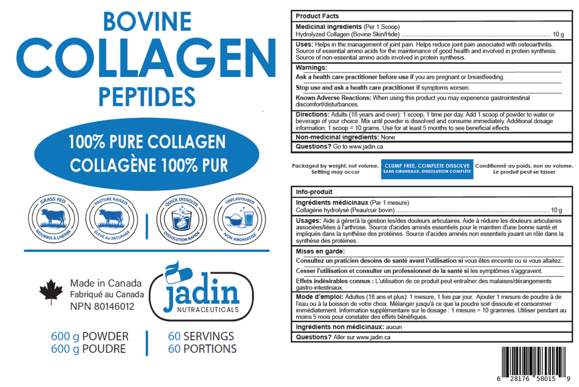 Jadin Bovine Collagen Peptides supplement facts back label 600g powder NPN 80146012 made in Canada