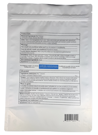 Jadin Bovine Collagen Peptides supplement facts back label 600g powder NPN 80146012 made in Canada