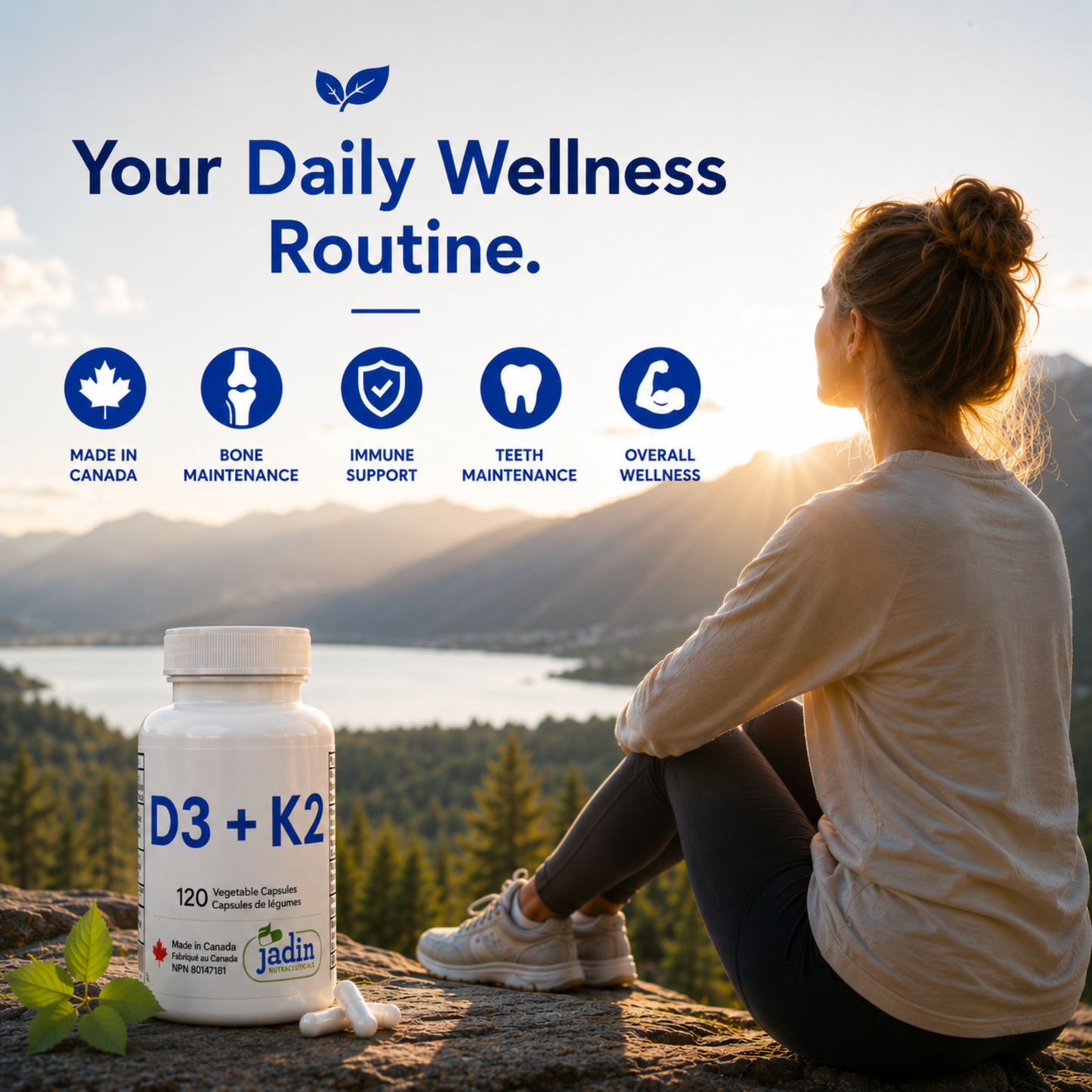 Jadin Vitamin D3 + K2 made in canada wellness routine bone maintenance teeth maintenance immune support overall wellness