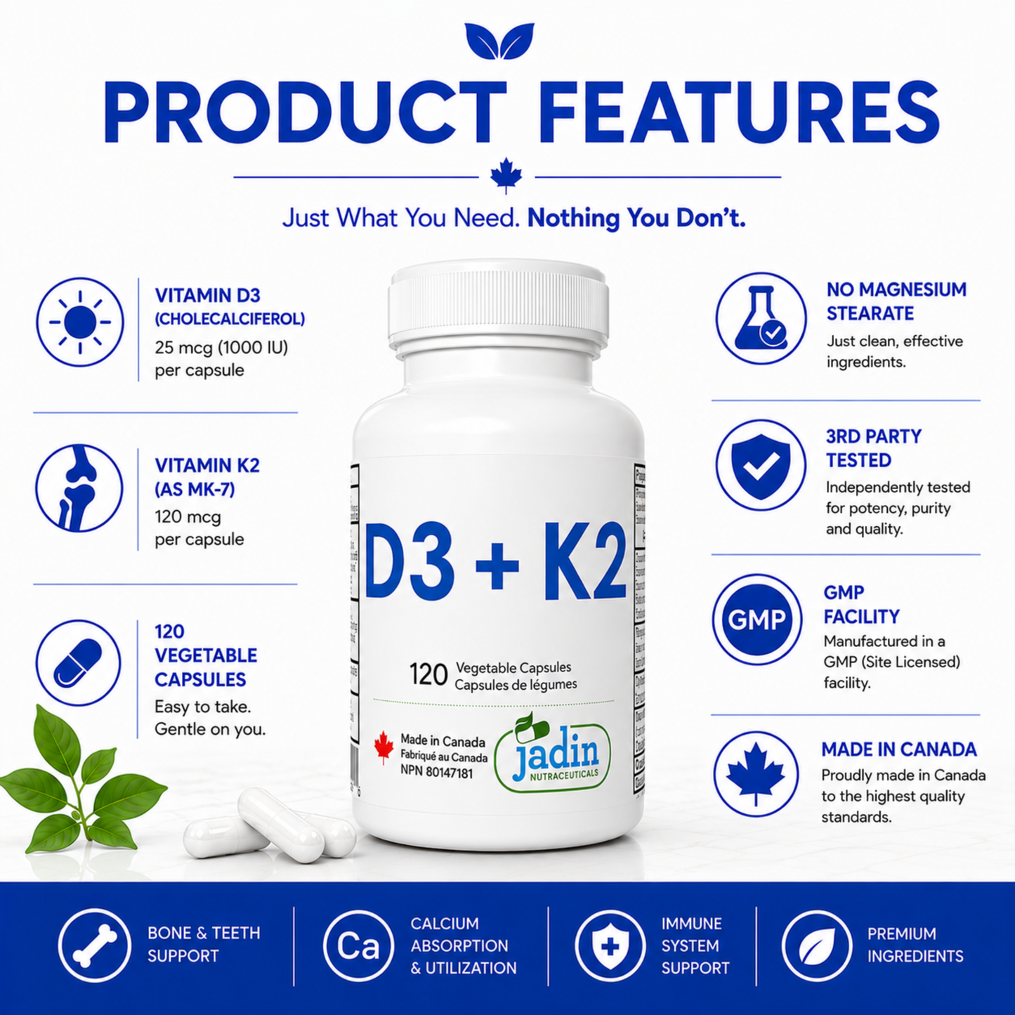 vitamin d3 1000 IU Vitamin K2 MK-7 120 mcg 120 vegetable capsules no magnesium stearate 3rd party tested, gmp facility made in canada