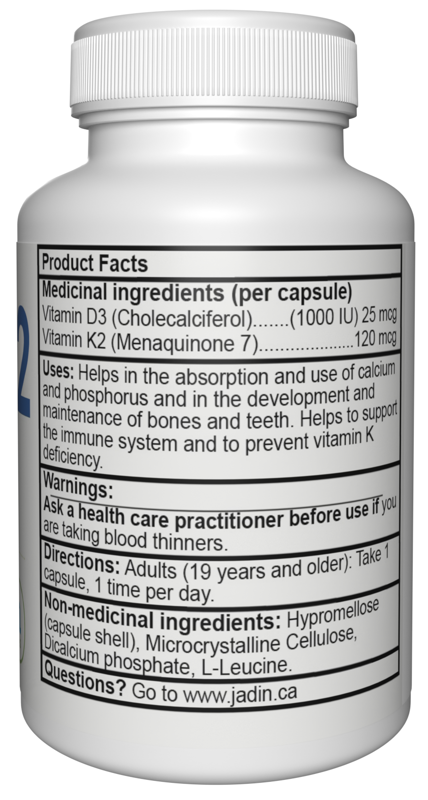 adin Vitamin D3 K2 supplement facts back label NPN 80147181 made in Canada