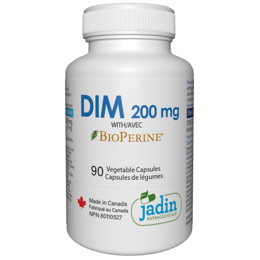 Jadin DIM 200mg Diindolylmethane BioPerine 90 vegetable capsules made in Canada NPN 80110527 GMP certified