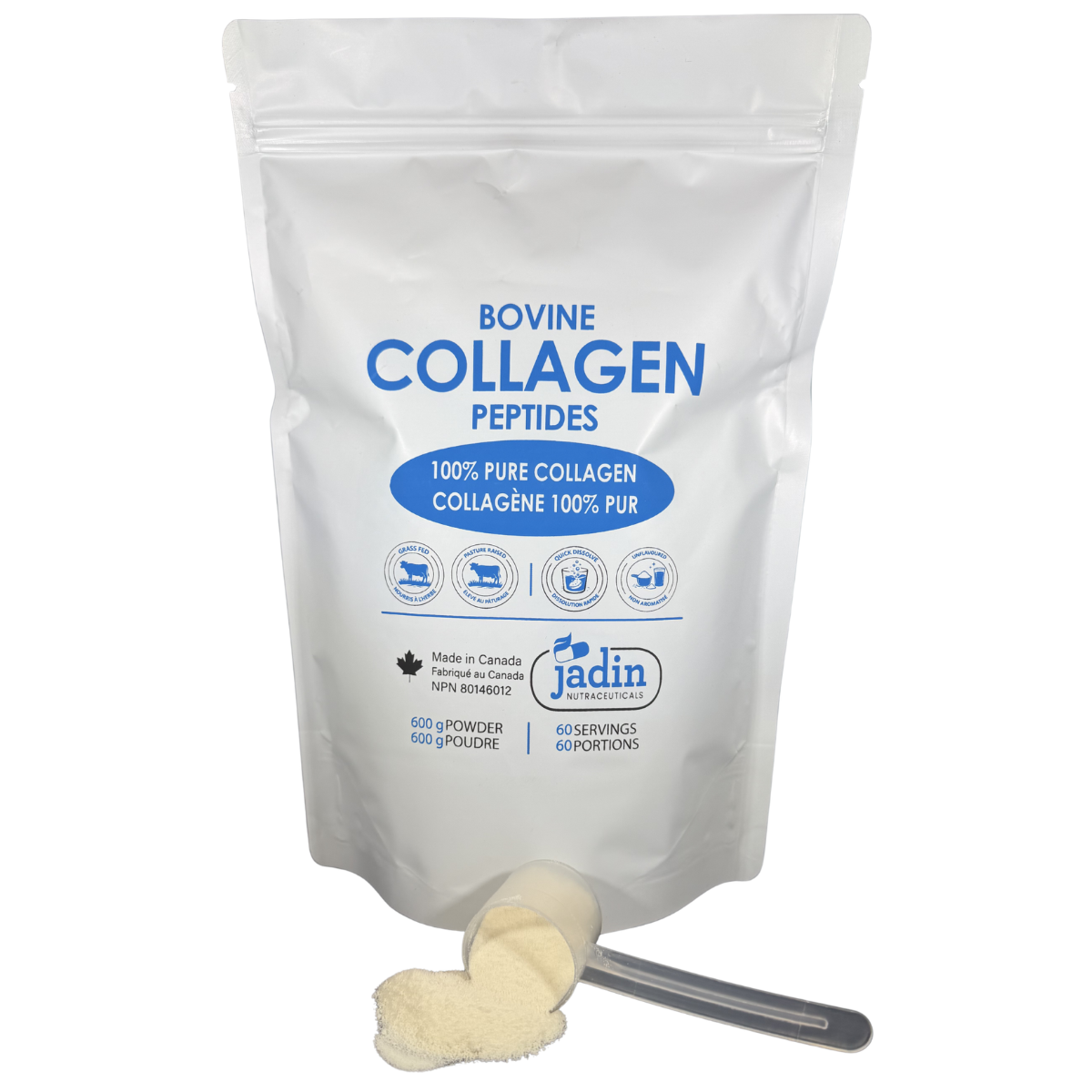 Jadin Hydrolyzed Bovine Collagen Peptides powder 600g 60 servings grass-fed pasture-raised made in Canada NPN 80146012