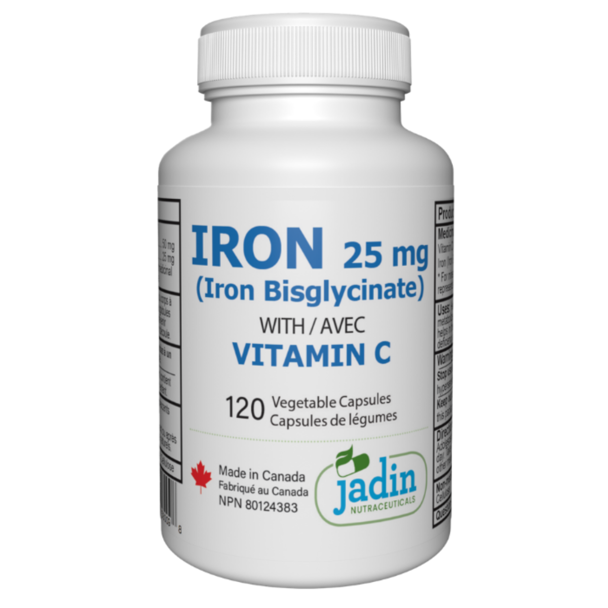 Jadin Iron Bisglycinate 25mg Vitamin C 120 vegetable capsules gentle non-constipating made in Canada NPN 80124383 GMP certified