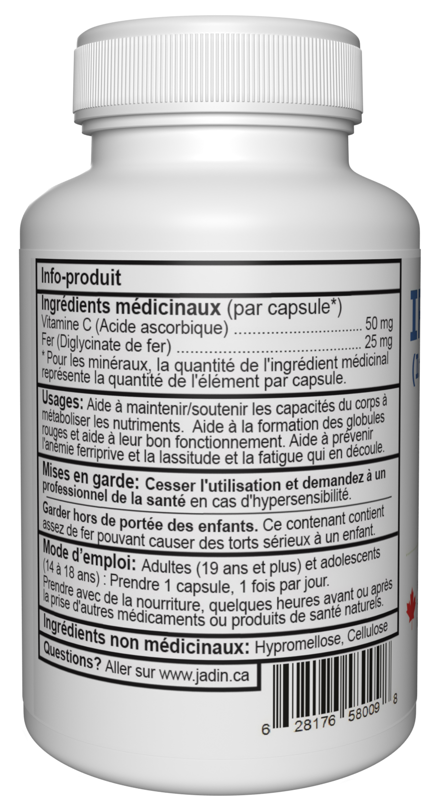 Jadin Iron Bisglycinate 25mg Vitamin C supplement facts back label NPN 80124383 made in Canada