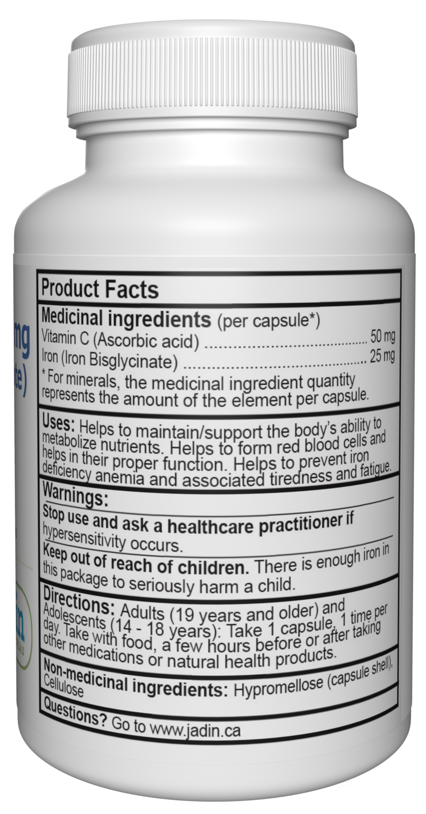 Jadin Iron Bisglycinate 25mg Vitamin C supplement facts back label NPN 80124383 made in Canada