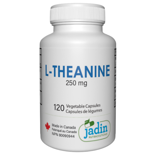 Jadin L-Theanine 250mg 120 vegetable capsules made in Canada NPN 80090944 GMP certified