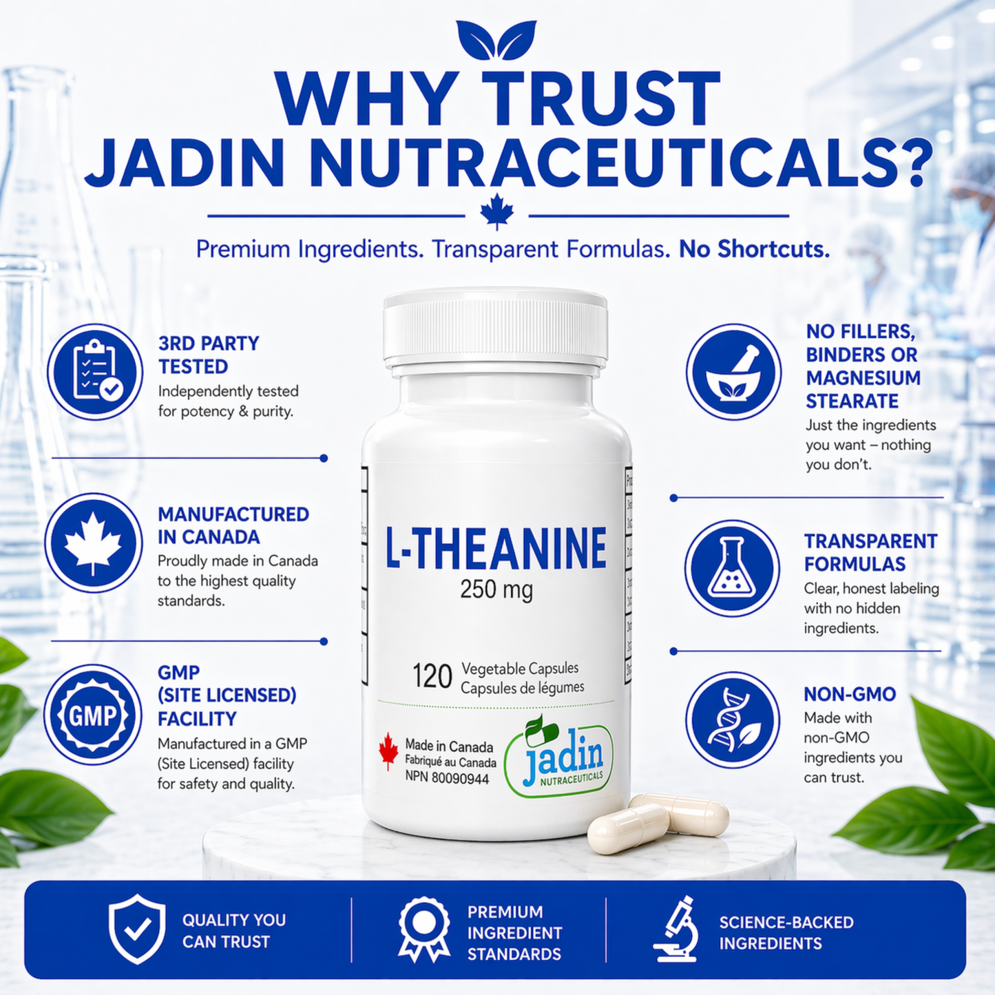 Bottle of L-Theanine supplement with Jadin Nutraceuticals branding and product details.