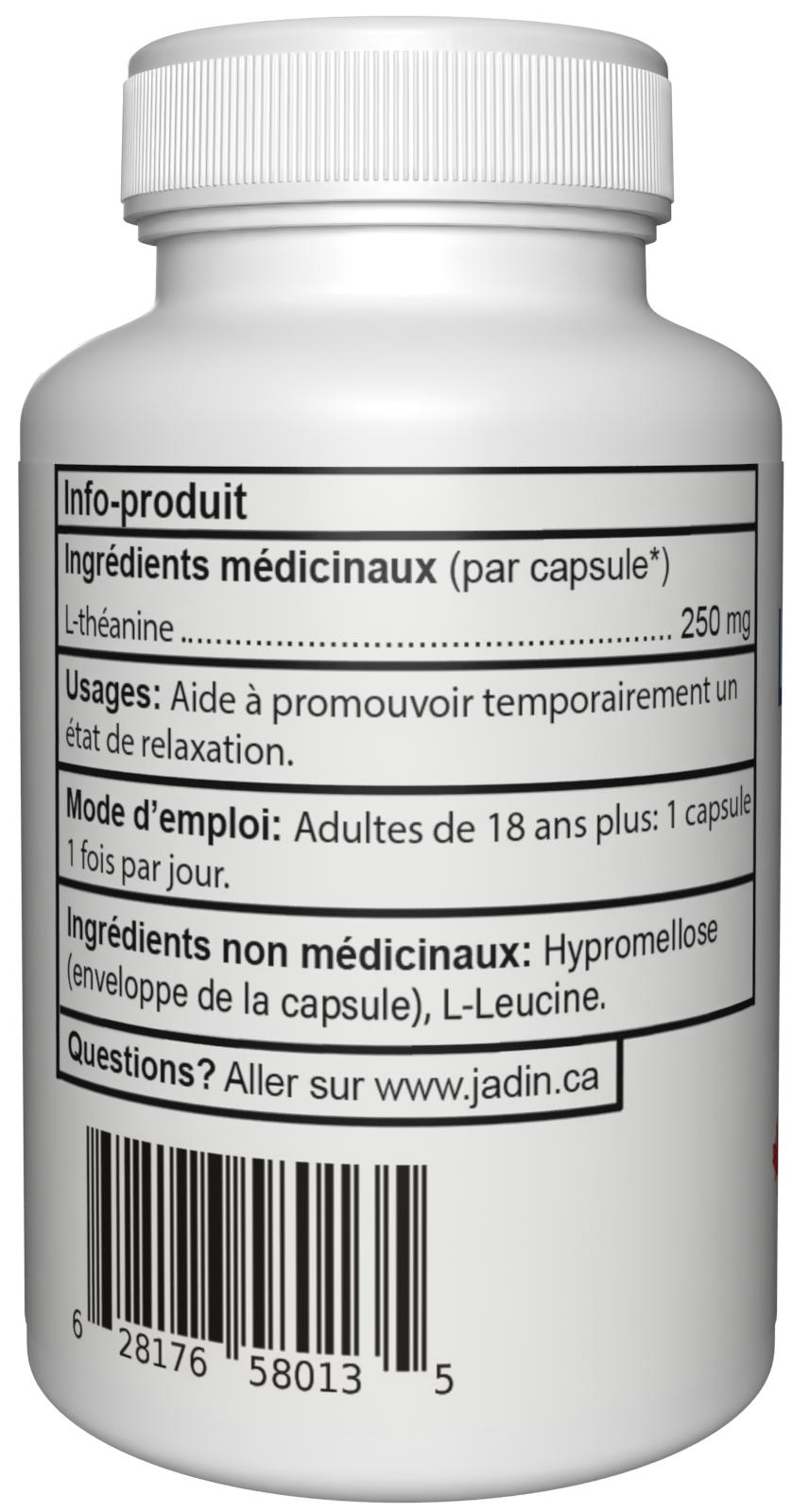 Jadin L-Theanine 250mg supplement facts back label NPN 80090944 made in Canada