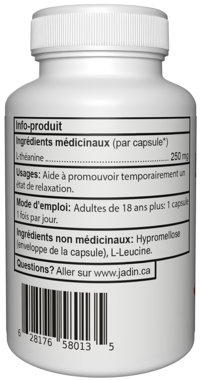 Jadin L-Theanine 250mg supplement facts back label NPN 80090944 made in Canada
