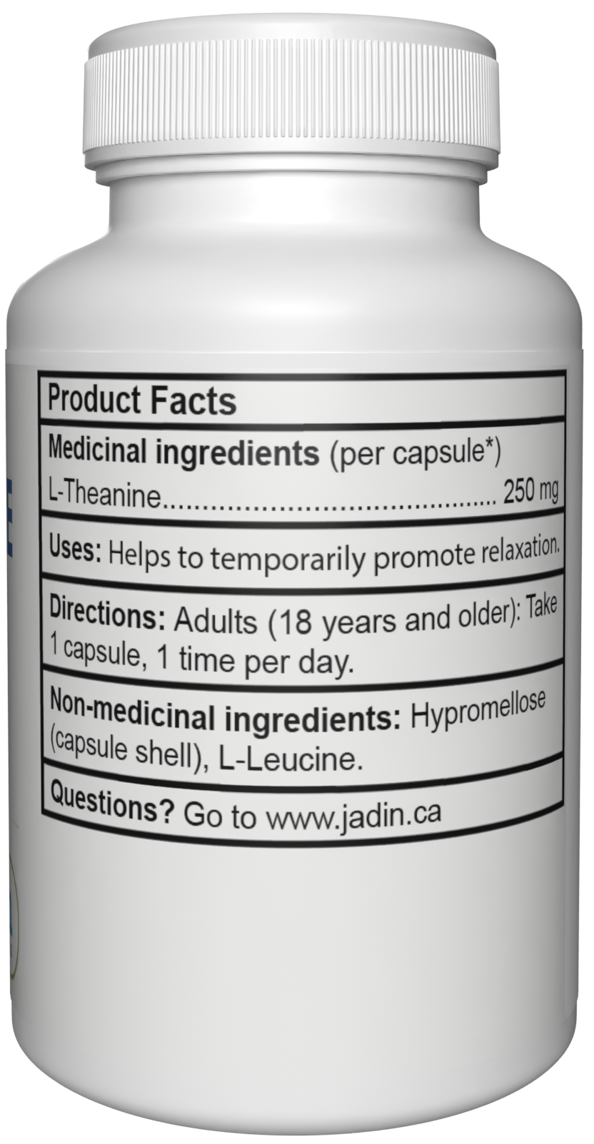 Jadin L-Theanine 250mg supplement facts back label NPN 80090944 made in Canada
