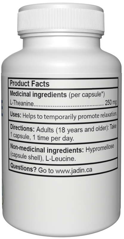 Jadin L-Theanine 250mg supplement facts back label NPN 80090944 made in Canada