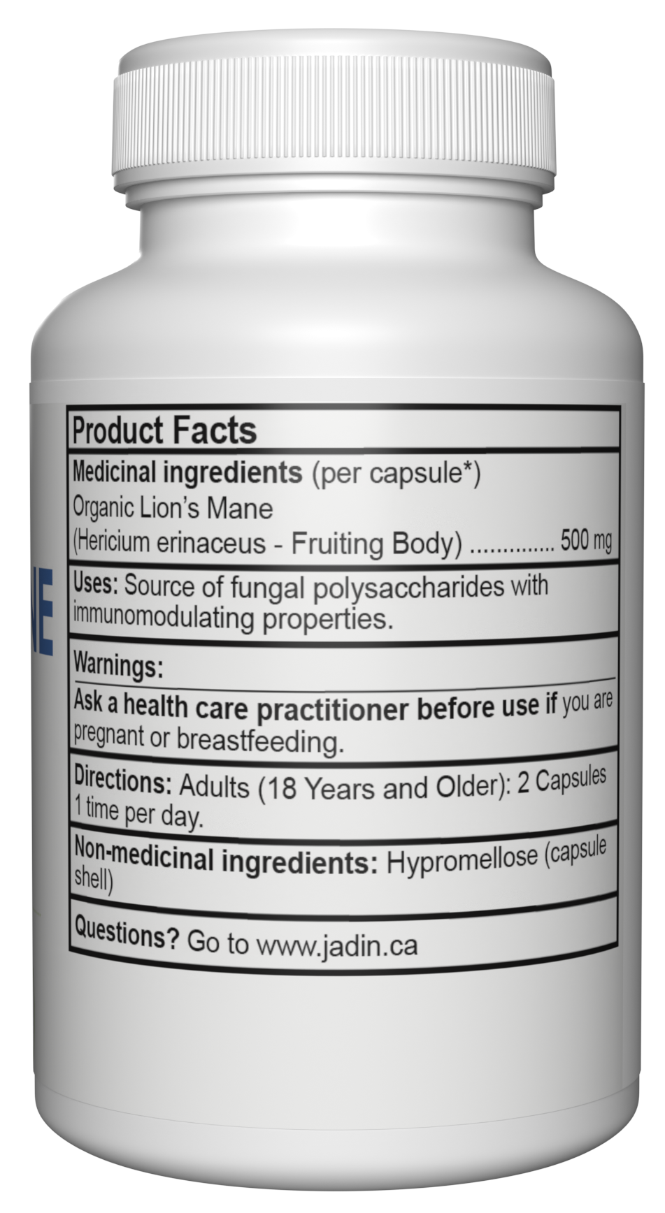 Jadin Lion's Mane Mushroom supplement facts back label 500mg NPN 80129497 made in Canada