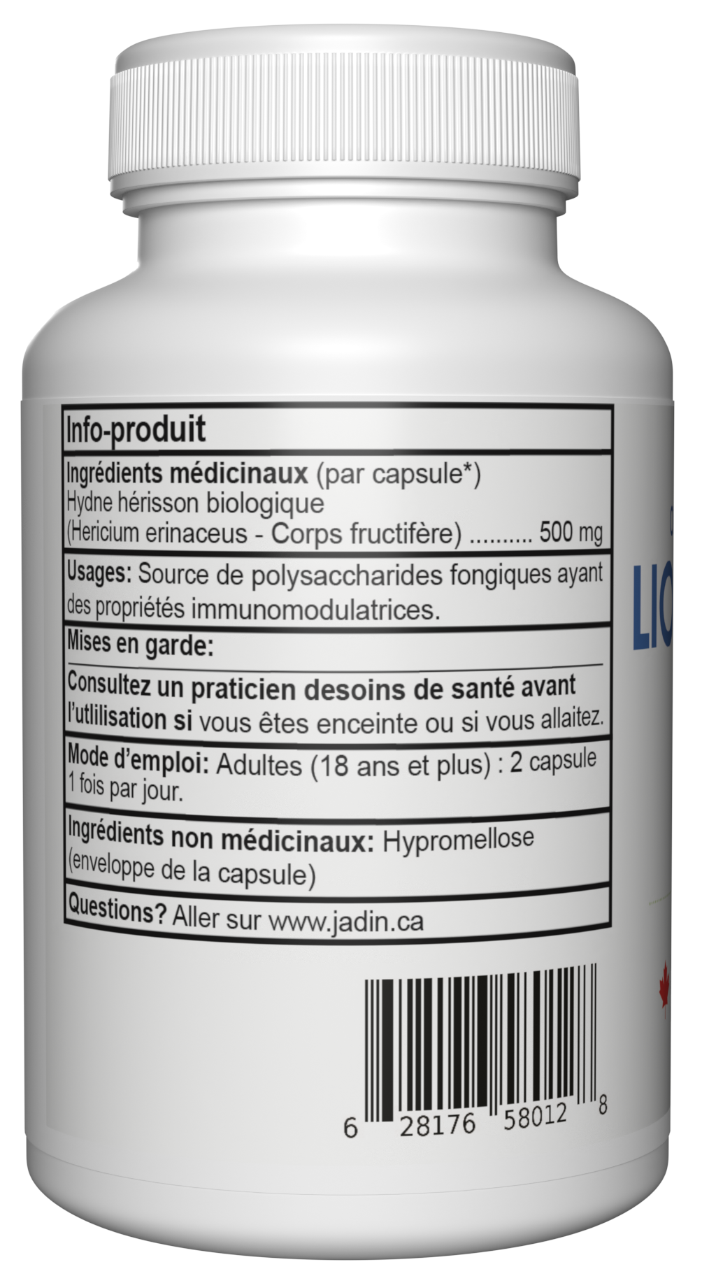 Jadin Lion's Mane Mushroom supplement facts back label 500mg NPN 80129497 made in Canada