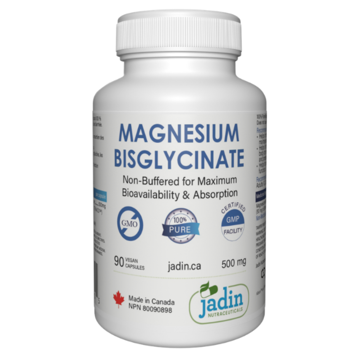 Jadin Magnesium Bisglycinate 500mg 90 vegan capsules Albion TRAACS non-buffered made in Canada NPN 80090898 GMP certified