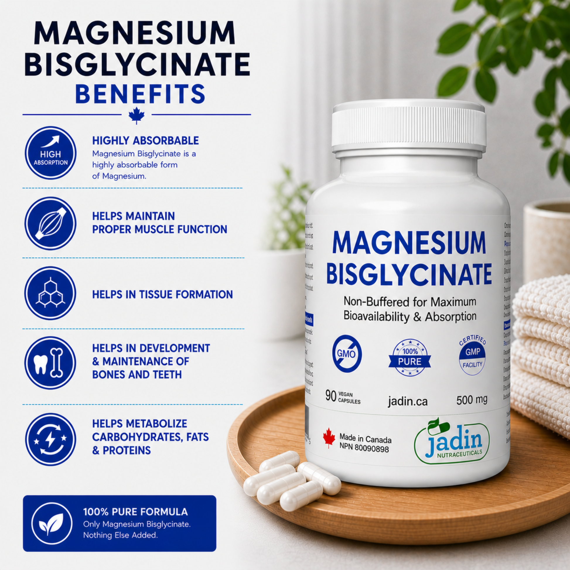 magnesium bisglycinate highly absorbable helps maintain proper muscle function tissue formation development and maintenance of bones and teeth metabolize carbohydrates fats and proteins