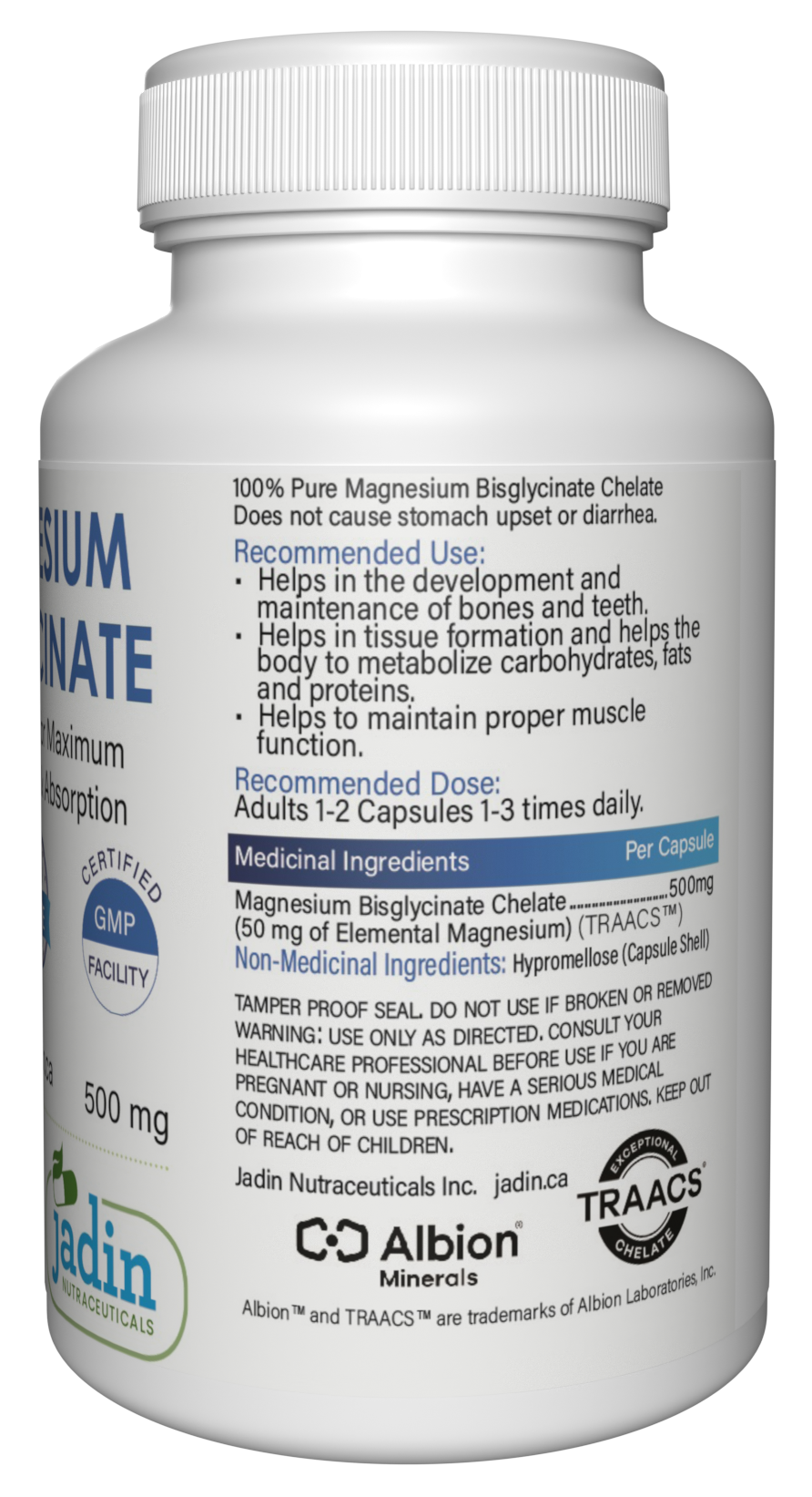 Jadin Magnesium Bisglycinate 500mg supplement facts back label NPN 80090898 made in Canada