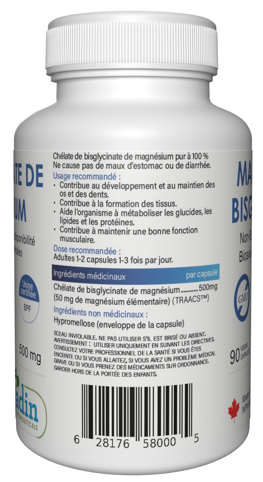 Jadin Magnesium Bisglycinate 500mg supplement facts back label NPN 80090898 made in Canada