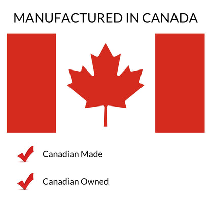 Canadian flag with a red maple leaf and text 'Manufactured in Canada, Canadian Made, Canadian Owned' on a white background.