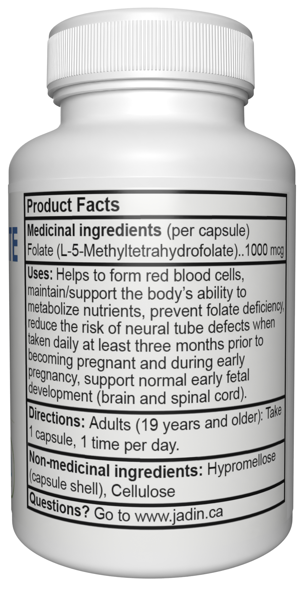 Jadin Methyl Folate 5-MTHF supplement facts back label 1000mcg NPN 80142893 made in Canada