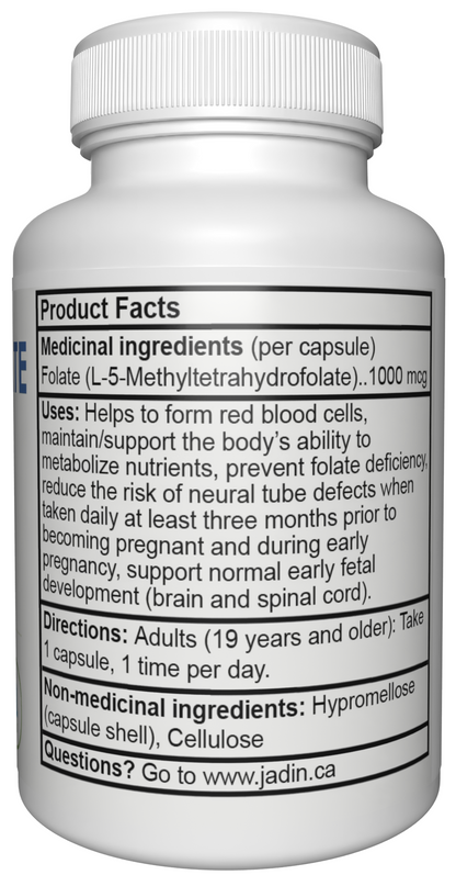 Jadin Methyl Folate 5-MTHF supplement facts back label 1000mcg NPN 80142893 made in Canada
