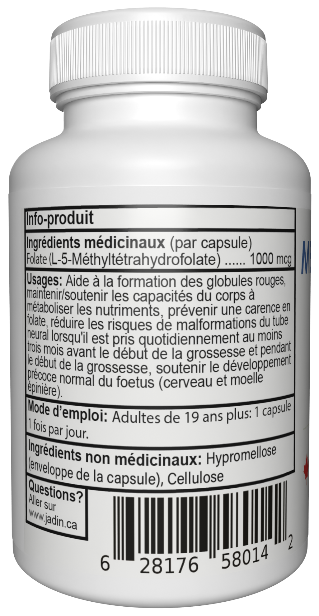 Jadin Methyl Folate 5-MTHF supplement facts back label 1000mcg NPN 80142893 made in Canada
