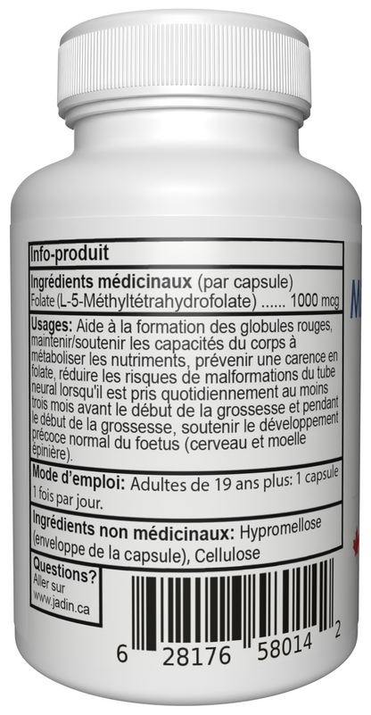 Jadin Methyl Folate 5-MTHF supplement facts back label 1000mcg NPN 80142893 made in Canada