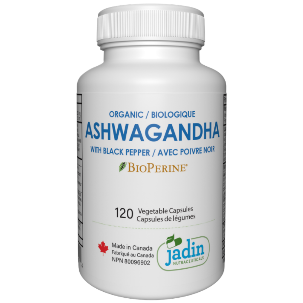 Jadin Ashwagandha organic BioPerine black pepper 120 vegetable capsules made in Canada NPN 80096902 GMP certified