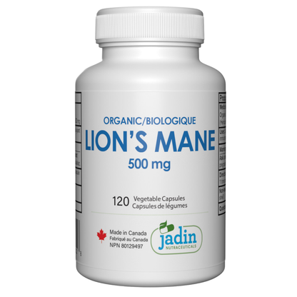 Bottle of Lions Mane supplement with white label on a white background