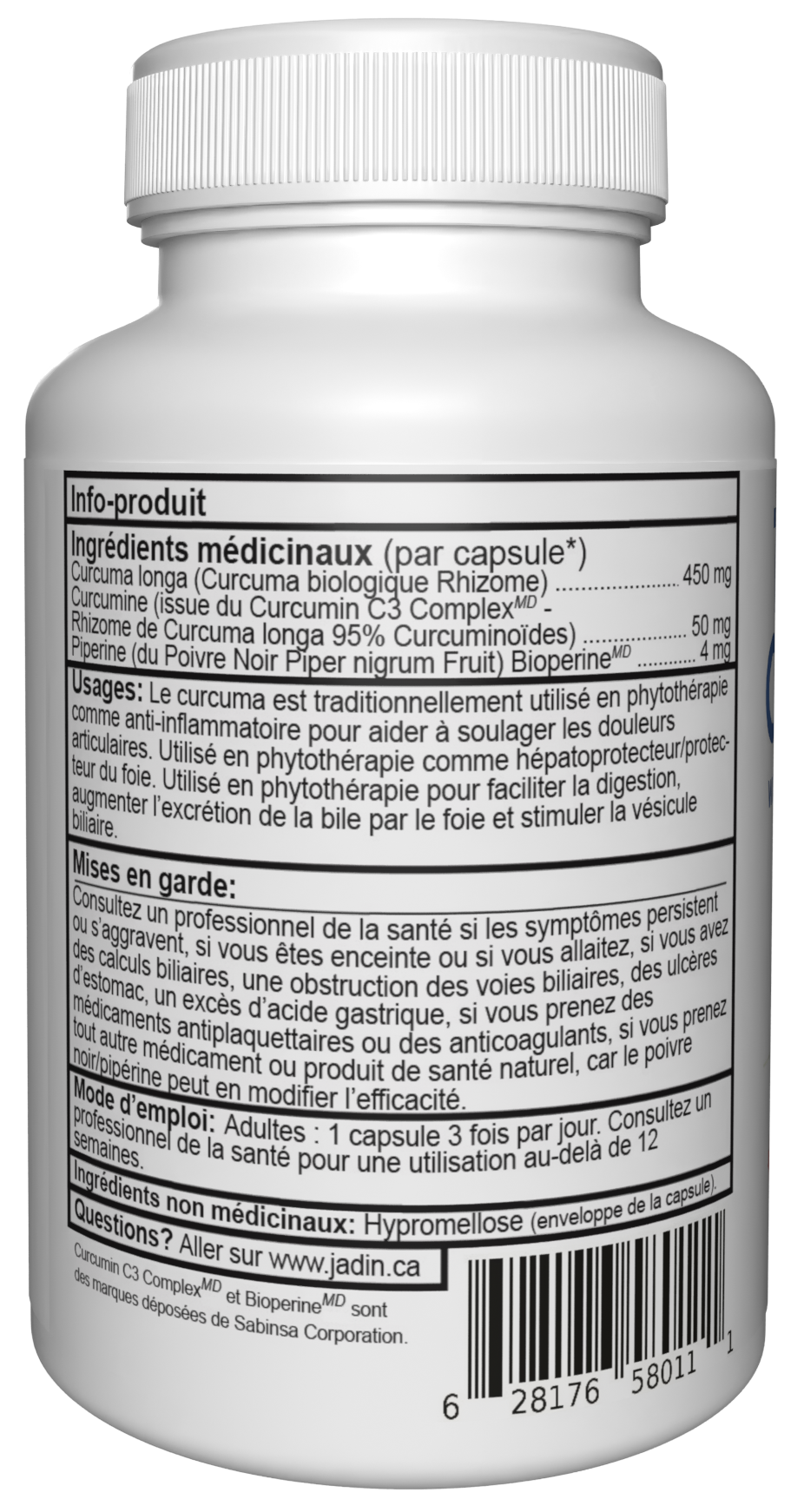 Jadin Turmeric Curcumin C3 Complex supplement facts back label NPN 80097030 made in Canada