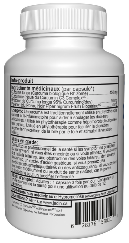 Jadin Turmeric Curcumin C3 Complex supplement facts back label NPN 80097030 made in Canada