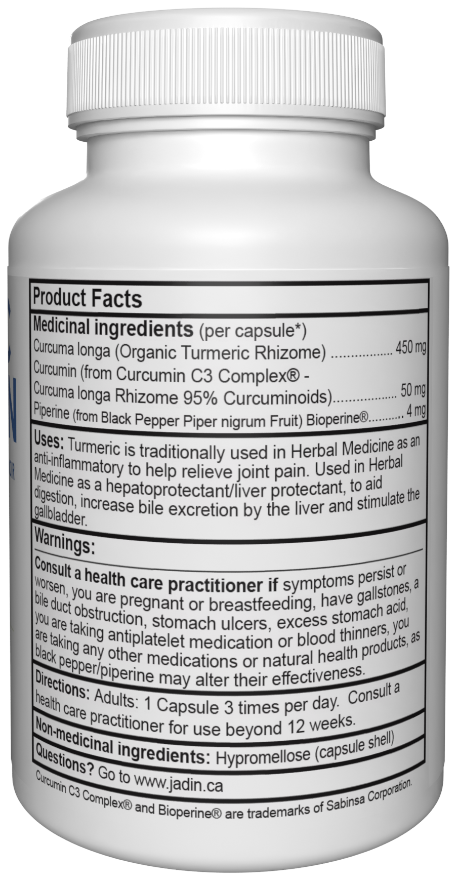Jadin Turmeric Curcumin C3 Complex supplement facts back label NPN 80097030 made in Canada