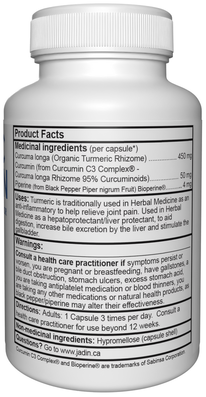 Jadin Turmeric Curcumin C3 Complex supplement facts back label NPN 80097030 made in Canada